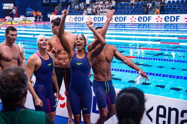 NATATION : Championnat d europe de natation 2026 - PARIS - 11 08 2026 Mary Ambre Moluh (FRA) Carl Aitkaci (FRA) Maxime Gousset (FRA) Marie Wattel (FRA) Saint DenisFrance  Copyright: xBaptistexAutissierx