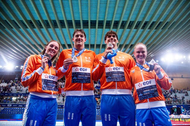 NATATION : Championnat d europe de natation 2026 - PARIS - 11 08 2026 Maaike De Waard (NED) Caspar Corbeau (NED) Sean Niewold (NED) Marrit Steenbergen (NED) Saint DenisFrance  Copyright: xBaptistexAutissierx