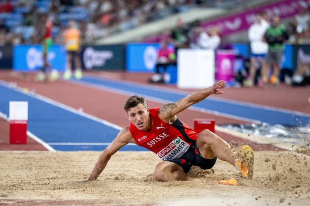 11.08.2026, GBR, Leichtathletik, Europameisterschaft 2026, Abendsession Tag 2, Birmingham Simon Ehammer ( Schweiz ), Weitsprung Herren, Finale Birmingham Alexander Stadium England Großbritannien *** August 11, 2026, GBR, Track and Field, 2026 European Championships, Evening Session, Day 2, Birmingham; Simon Ehammer (Switzerland), Men s Long Jump, Final, Birmingham Alexander Stadium, England, Great Britain Copyright: xNordphoto Memmlerx