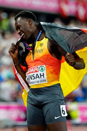 BIRMINGHAM, GREAT BRITAIN - AUGUST 11, 2026 : Owen ANSAH (GER Germany) takes bronze over 100m during the European Athletics Championships at Alexander Stadium on August 11, 2026 in Birmingham, Great Britain. Great Britain Copyright: xLeahxKohringx
