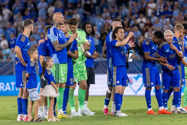 Team SK Slovan Bratislava seen celebrating after UEFA Champions league third qualifying round game between teams of SK Slovan Bratislava and Mjallby (Dominika Kortvelyesiova Ball Raw Images) Bratislava Tehelne Pole stadium Slovakia Copyright: xDominikaxKortvelyesiovax DKOR1467