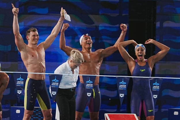 11 Aout European Aquatics Championships Paris 2026 FINALES Joie Team France During Finale 4X100 Medley Mixte at the European Swimming Championships at the Greater Paris Metropolis Olympic Aquatics Centre in Paris (France) on August 11, 2026.Credit Laurent Lairys parisFrance  Copyright: xLaurentxLairysx