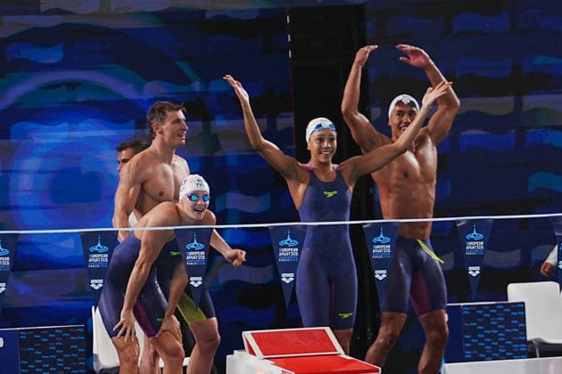 11 Aout European Aquatics Championships Paris 2026 FINALES Joie Team France During Finale 4X100 Medley Mixte at the European Swimming Championships at the Greater Paris Metropolis Olympic Aquatics Centre in Paris (France) on August 11, 2026.Credit Laurent Lairys parisFrance  Copyright: xLaurentxLairysx