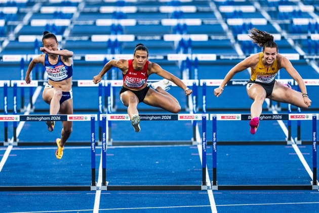 European Athletics Championships; Birmingham, 11.08.2026 BIRMINGHAM, UNITED KINGDOM - AUGUST 11: Ditaji Kambundji (Switzerland) competes in the semi final of the womens 100 m hurdles, next to Saara Keskitalo (FIN - Finland) and Rosina Schneider (GER - Germany) on August 11, 2026 in Birmingham, United Kingdom. *** European Athletics Championships, Birmingham, August 11, 2026 BIRMINGHAM, UNITED KINGDOM AUGUST 11 Ditaji Kambundji of Switzerland competes in the semifinals of the women’s 100-meter hurdles alongside Saara Keskitalo of Finland and Rosina Schneider of Germany on August 11, 2026, in Birmingham, United Kingdom Copyright: xBEAUTIFULxSPORTS UlfxSchillerx