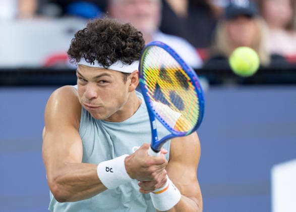August 11, 2026, Montreal, Pq, Canada: Ben Shelton of the United States hits a return to Jakub Mensik of Czechia during quarterfinal tennis action at the National Bank Open in Montreal on Tuesday, Aug. 11, 2026. Canada News - August 11, 2026  - ZUMAc35_ 20260811_zaf_c35_059 Copyright: xChristinnexMuschix