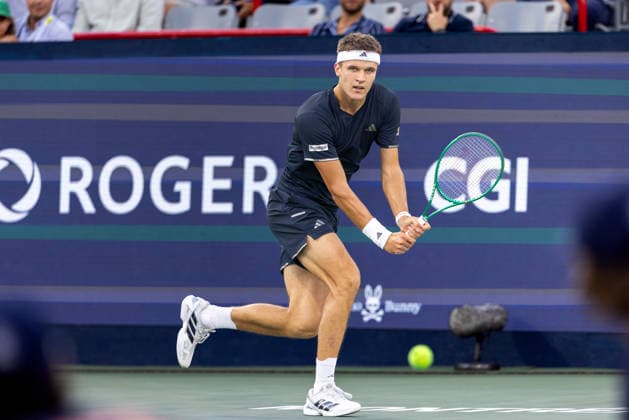 August 11, 2026, Montreal, Quebec, Canada: JAKUB MENSIK (13) from Czech Republic forehand in match against Ben Shelton (5) from USA in quarter final at Canadian Open at IGA stadium in Montreal, Quebec, Canada on 2026-08-11 Montreal Canada - ZUMAl189 20260811_zsp_l189_075 Copyright: xYannickxLegarex