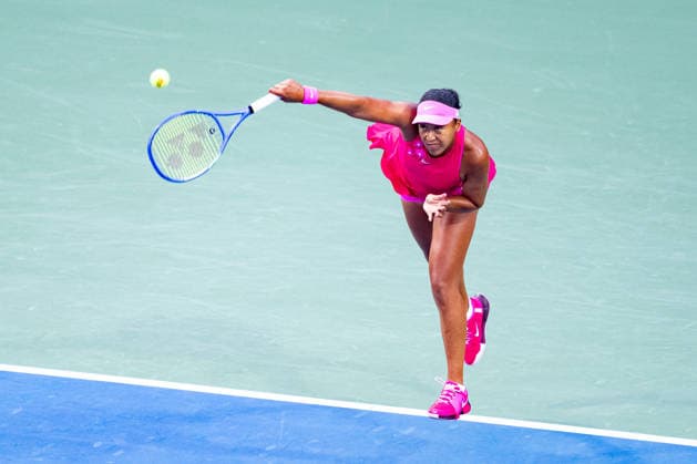 TORONTO, ON - AUGUST 11: Naomi Osaka of Japan returns a shot during her Quarter-final match of the WTA, Tennis Damen National Bank Open tournament on August 10, 2026 at Sobeys Stadium in Toronto, ON, Canada (Photo by Julian Avram Icon Sportswire) TENNIS: AUG 11 National Bank Open EDITORIAL USE ONLY Icon2608110019