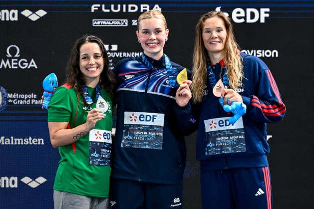Camila Rodrigues Rebelo of Portugal, silver, Katie Shanahan of Great Britain, gold, Pauline Mahieu of France, bronze attend the medal ceremony of the swimming 200m Backstroke Women Final during the European Aquatics Championships at the Olympic Aquatic Center in Paris (France), August 11, 2026. Andrea Masini Deepbluemedia Insidefoto