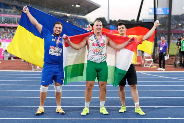 BIRMINGHAM, GREAT BRITAIN - AUGUST 11, 2026: The medalists of the hammer throw event - Mykhaylo KOKHAN (UKR Ukraine Bronze), Bence HALÁSZ (HUN Hungary Gold), Merlin HUMMEL (GER Germany Silver) competing during the European Athletics Championships at Alexander Stadium on August 11, 2026 in Birmingham, Great Britain. Great Britain Copyright: xAxelxKohringx