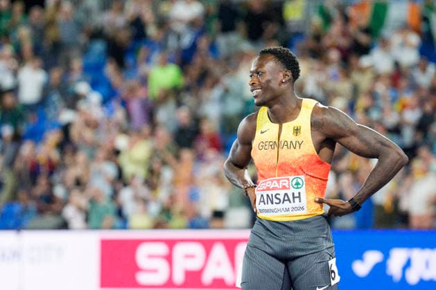 BIRMINGHAM, GREAT BRITAIN - AUGUST 11, 2026 : Third place for Owen ANSAH (GER Germany) over 100m competing during the European Athletics Championships at Alexander Stadium on August 11, 2026 in Birmingham, Great Britain. Great Britain Copyright: xLeahxKohringx