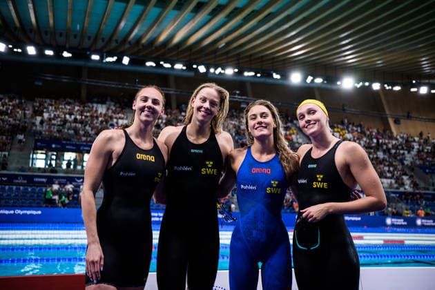 260812 Sara Junevik, Louise Hansson, Sofia Astedt and Elvira Mörtstrand of Sweden pose for a group photo after competing in women™s 4x100 meters freestyle swimming heats during day 13 of the 2026 European Aquatics Championships on August 12, 2026 in Saint-Denis. Photo: Joel Marklund BILDBYRAN kod JM JM0840 bbeng simning swimming svomming 2026 european aquatics championships em dam Sverige Sweden *** August 12, 2026: Sara Junevik, Louise Hansson, Sofia Astedt, and Elvira Mörtstrand of Sweden pose for a group photo after competing in the women’s 4x100-meter freestyle swimming heats on Day 13 of the 2026 European Aquatics Championships on August 12, 2026 in Saint-Denis. Photo by Joel Marklund. BILDBYRAN code JM JM0840 bbeng swimming 2026 European Aquatics Championships women’s Sweden  Copyright: JOELxMARKLUND BB260812JM054