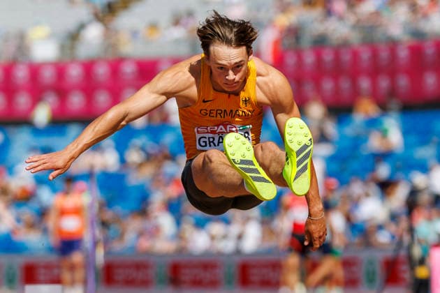 BIRMINGHAM, GREAT BRITAIN - AUGUST 12, 2026: Amadeus GRÄBER (GER Germany) competing in the long jump of the decathlon during the European Athletics Championships at Alexander Stadium on August 12, 2026 in Birmingham, Great Britain. Great Britain Copyright: xAxelxKohringx