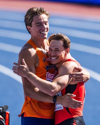 European Athletics Championships; Birmingham, 12.08.2026 BIRMINGHAM, UNITED KINGDOM - AUGUST 12: Nino Portmann (Switzerland) and Jeff Tesselaar (NED - Netherlands) after the 100 m of the mens decathlon on August 12, 2026 in Birmingham, United Kingdom. *** European Athletics Championships, Birmingham, August 12, 2026 BIRMINGHAM, UNITED KINGDOM AUGUST 12 Nino Portmann of Switzerland and Jeff Tesselaar of the Netherlands after the 100-meter race in the men s decathlon on August 12, 2026, in Birmingham, United Kingdom Copyright: xBEAUTIFULxSPORTS UlfxSchillerx