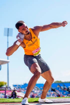 BIRMINGHAM, GREAT BRITAIN - AUGUST 12, 2026 : Leo NEUGEBAUER (GER Germany) competing in the shot put in the decathlon during the European Athletics Championships at Alexander Stadium on August 12, 2026 in Birmingham, Great Britain. Great Britain Copyright: xLeahxKohringx