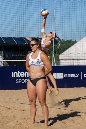 STARE JABLONKI, POLEN - AUGUST 12: Sandra Ittlinger (Player 1, GER), Anna-Lena Grüne (Player 2, GER) during the European Championships Beach volleyball, Beachvolleyball at Stare Jablonki on August 12, 2026 in Stare Jablonki, Polen. Polen Copyright: xPeterxWeberx