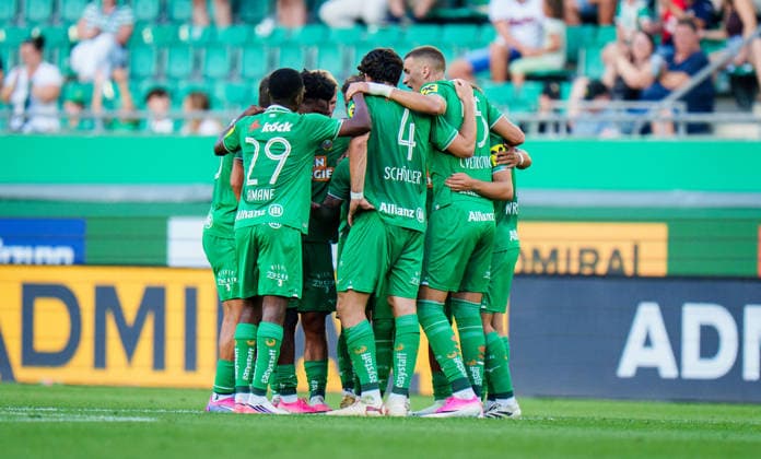 SOCCER - UEFA ECL, Rapid vs Paide VIENNA,AUSTRIA,12.AUG.26 - SOCCER - UEFA Conference League, qualification, SK Rapid Wien vs Paide Linnameeskond. Image shows the rejoicing of Rapid.  GEPAxpictures xEdgarxEisner