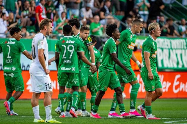 SOCCER - UEFA ECL, Rapid vs Paide VIENNA,AUSTRIA,12.AUG.26 - SOCCER - UEFA Conference League, qualification, SK Rapid Wien vs Paide Linnameeskond. Image shows the rejoicing of Eaden Roka, Louis Schaub, Romeo Amane, Marco Tilio, Jakob Schoeller, Moulaye Haidara, Nenad Cvetkovic, Tobias Gulliksen (Rapid) as well as the disappointment of Martin Miller (Paide).  GEPAxpictures xKevinxHackner
