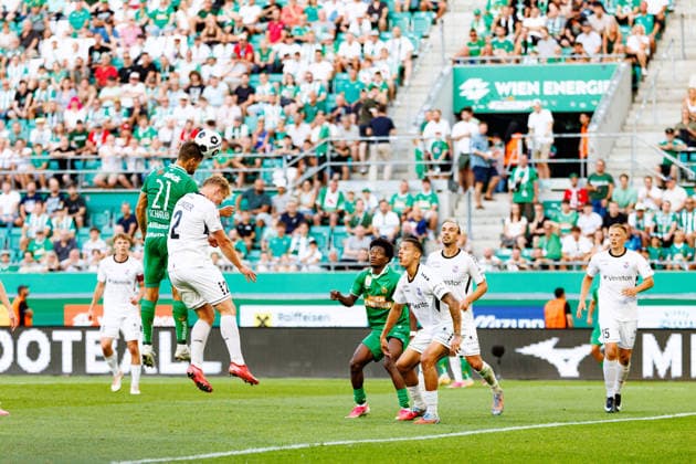 VIENNA, AUSTRIA - 12 AUGUST 2026: Image shows Schaub Louis (Rapid, 21), Lilander Michael (Paide, 2), Roka Eaden (Rapid during UEFA Conference League 2026 27 Third Qualifying Round, Second Leg: SK Rapid Wien vs Paide Linnameeskond at Weststadion on 12 08 2026 in Vienna, Austria. Austria Copyright: xFröhlichxPascalx