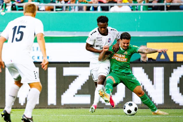 VIENNA, AUSTRIA - 12 AUGUST 2026: Image shows Sohna Modou (Paide, 11) and Tilio Marco (Rapid, 7) during UEFA Conference League 2026 27 Third Qualifying Round, Second Leg: SK Rapid Wien vs Paide Linnameeskond at Weststadion on 12 08 2026 in Vienna, Austria. Austria Copyright: xFröhlichxPascalx
