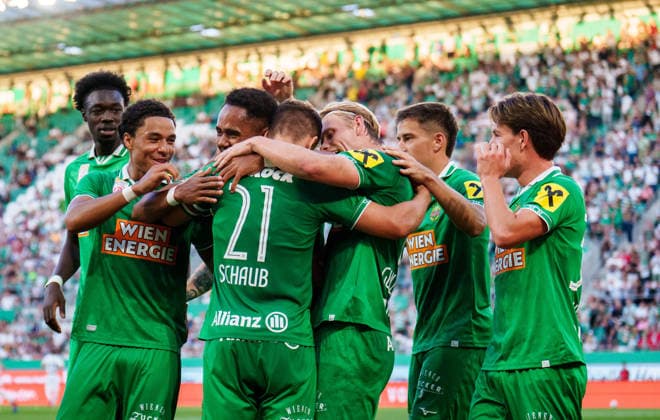 SOCCER - UEFA ECL, Rapid vs Paide VIENNA,AUSTRIA,12.AUG.26 - SOCCER - UEFA Conference League, qualification, SK Rapid Wien vs Paide Linnameeskond. Image shows the rejoicing of Rapid.  GEPAxpictures xEdgarxEisner