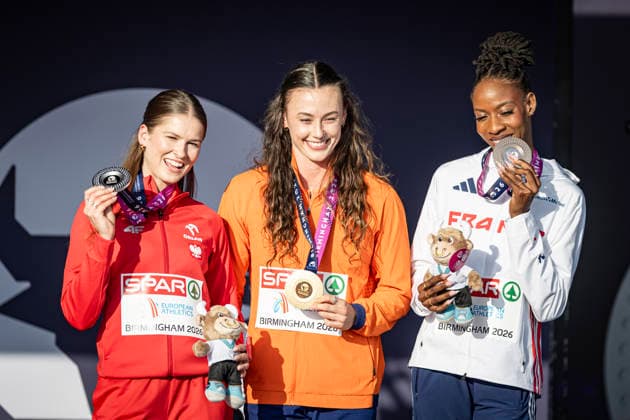 RECORD DATE NOT STATED 12th August 2026; Alexander Stadium, Birmingham, Midlands, England; 2026 European Athletics Championships, Day Three; Nadine Visser (NED) on the podium after winning the womens 100m hurdles with Pia Skrzyszowska (POL) in second and Laeticia Bapte (FRA) in third GodfreyxPitt