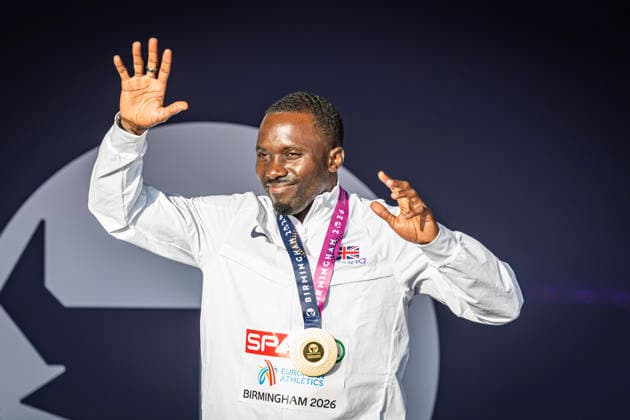 RECORD DATE NOT STATED 12th August 2026; Alexander Stadium, Birmingham, Midlands, England; 2026 European Athletics Championships, Day Three; Romell Glave (GBR) on the podium after winning the mens 100m GodfreyxPitt