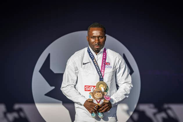 RECORD DATE NOT STATED 12th August 2026; Alexander Stadium, Birmingham, Midlands, England; 2026 European Athletics Championships, Day Three; Romell Glave (GBR) on the podium after winning the mens 100m GodfreyxPitt