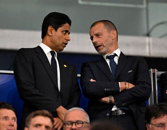 12.08.2026, Fussball UEFA-Supercup 2026: Finale in Salzburg (Österreich), Paris St. Germain - Aston Villa, in der Red Bull Arena (Wals bei Salzburg). v.l. Präsident Nasser Al-Khelaifi (Paris St. Germain) und Präsident der UEFA Aleksander Ceferin ***DFL and DFB regulations prohibit any use of photographs as image sequences and or quasi-video.*** *** August 12, 2026, Soccer: 2026 UEFA Super Cup Final in Salzburg, Austria, Paris Saint-Germain vs. Aston Villa, at the Red Bull Arena in Wals near Salzburg, featuring Paris Saint-Germain President Nasser Al Khelaifi and UEFA President Aleksander Ceferin ***DFL and DFB regulations prohibit any use of photographs as image sequences and or quasi-video***