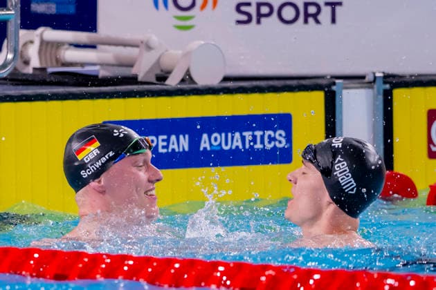 France, Paris, Centre Aquatique Olympique Metropole du Grand Paris, 12.08.2026, European Aquatics Championships, Day 13 - Final Session, Sven Schwarz, Waspo 98 Hannover and Johannes Liebmann, SC Magdeburg, Germany, Photo by Eibner Pressefoto Tino Henschel European Aquatics Championships, Day 13 - Final Session Paris *** France, Paris, Centre Aquatique Olympique Metropole du Grand Paris, August 12, 2026, European Aquatics Championships, Day 13 Final Session, Sven Schwarz, Waspo 98 Hannover and Johannes Liebmann, SC Magdeburg, Germany, Photo by Eibner Pressefoto Tino Henschel European Aquatics Championships, Day 13 Final Session, Paris Copyright: xEibnerxPressefotox