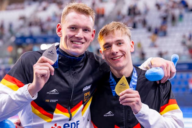 France, Paris, Centre Aquatique Olympique Metropole du Grand Paris, 12.08.2026, European Aquatics Championships, Day 13 - Final Session, Sven Schwarz, Waspo 98 Hannover and Johannes Liebmann, SC Magdeburg, Germany, Photo by Eibner Pressefoto Tino Henschel European Aquatics Championships, Day 13 - Final Session Paris *** France, Paris, Centre Aquatique Olympique Metropole du Grand Paris, August 12, 2026, European Aquatics Championships, Day 13 Final Session, Sven Schwarz, Waspo 98 Hannover and Johannes Liebmann, SC Magdeburg, Germany, Photo by Eibner Pressefoto Tino Henschel European Aquatics Championships, Day 13 Final Session, Paris Copyright: xEibnerxPressefotox