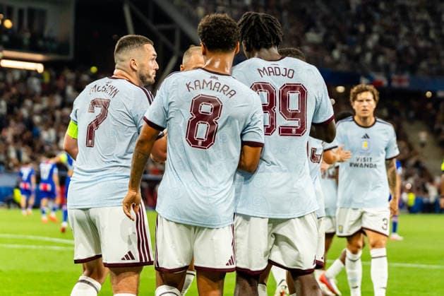 Brian Madjo celebrating his goal during the UEFA Super Cup 2026 match between Paris Saint-Germain and Aston Villa (Kazimierz Koper Ball Raw Images) Salzburg Red Bull Arena Austria Copyright: xKazimierzxKoperx KAZ_PSGvAST_214