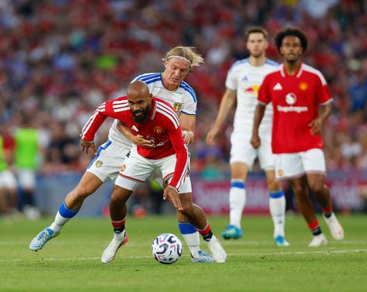 RECORD DATE NOT STATED 12th August 2026; Croke Park, Dublin, Ireland; Friendly Football, Manchester United, ManU versus Leeds United; Sebastiaan Bornauw of Leeds United fouls Bryan Mbeumo of Manchester United PeterxFitzpatrick