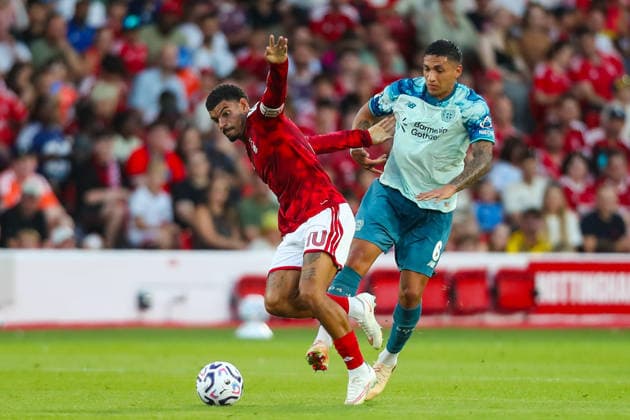 Nottingham Forest v Bayer Leverkusen, Pre-Season Friendly Morgan Gibbs-White Of Nottingham Forest battles with Ezequiel Fernandez Of Bayer Leverkusen during the Nottingham Forest v Bayer Leverkusen Pre-Season Friendly match at the City Ground, West Bridgford, England on 12 August 2026 Credit: Lee Keuneke Every Second Media Editorial use only. All images are copyright Every Second Media Limited. No images may be reproduced without prior permission. Copyright: xIMAGO EveryxSecondxMediax ESM-2087-0037 LeexKeunekex xEveryxSecondxMediax