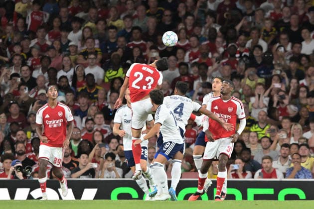 Mikel Merino of Arsenal FC rises to head the ball during the Pre-season Friendly match between Arsenal and Como at the Emirates Stadium, London, England on 12 August 2026. Copyright: xPhilxHutchinsonx 45340045