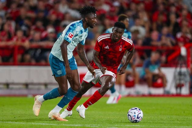 Nottingham Forest v Bayer Leverkusen, Pre-Season Friendly Taiwo Awoniyi Of Nottingham Forest pressures Edmond Tapsoba Of Bayer Leverkusen during the Nottingham Forest v Bayer Leverkusen Pre-Season Friendly match at the City Ground, West Bridgford, England on 12 August 2026 Credit: Lee Keuneke Every Second Media Editorial use only. All images are copyright Every Second Media Limited. No images may be reproduced without prior permission. Copyright: xIMAGO EveryxSecondxMediax ESM-2087-0065 LeexKeunekex xEveryxSecondxMediax