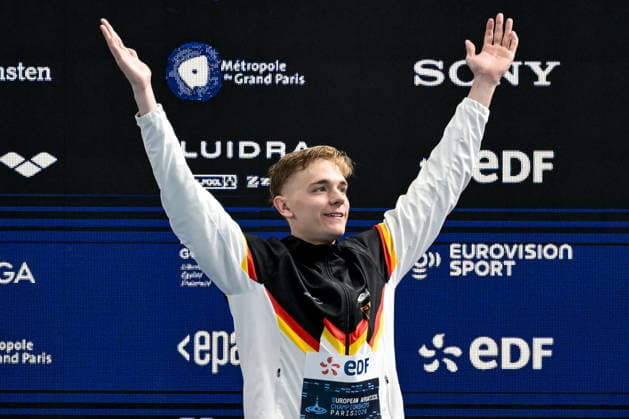 Johannes Liebmann of Germany, gold celebrates after winning the gold medal in the swimming 800m Freestyle Men Final during the European Aquatics Championships at the Olympic Aquatic Center in Paris (France), August 12, 2026. Giorgio Scala DBM - Deepbluemedia Insidefoto