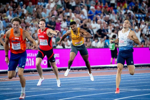 12.08.2026, GBR, Leichtathletik, Europameisterschaft 2026, Abendsession Tag 3, Birmingham Leo Neugebauer ( Deutschland ) im Ziel, davor Jeff Tesselaar ( Niederlande ), Nino Portmann ( Schweiz ), Zehnkampf Herren, 400 Meter Lauf Birmingham Alexander Stadium England Großbritannien *** August 12, 2026, GBR, Track and Field, 2026 European Championships, Evening Session, Day 3, Birmingham: Leo Neugebauer (Germany) crosses the finish line, ahead of Jeff Tesselaar (Netherlands) and Nino Portmann (Switzerland), Men’s Decathlon, 400-meter dash, Alexander Stadium, Birmingham, England, Great Britain Copyright: xNordphoto Memmlerx