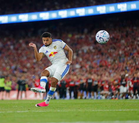 RECORD DATE NOT STATED 12th August 2026; Croke Park, Dublin, Ireland; Friendly Football, Manchester United, ManU versus Leeds United; James Justin of Leeds United takes a shot during the penalty shootout PeterxFitzpatrick