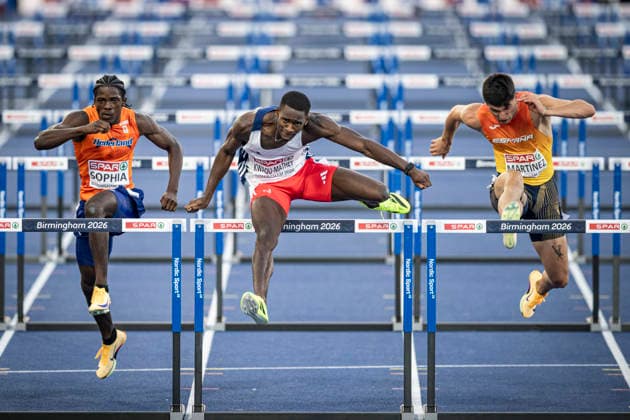 RECORD DATE NOT STATED 12th August 2026; Alexander Stadium, Birmingham, Midlands, England; 2026 European Athletics Championships, Day Three; Just Kwaou-Mathey (FRA) wins his heat of the mens 110m hurdles GodfreyxPitt