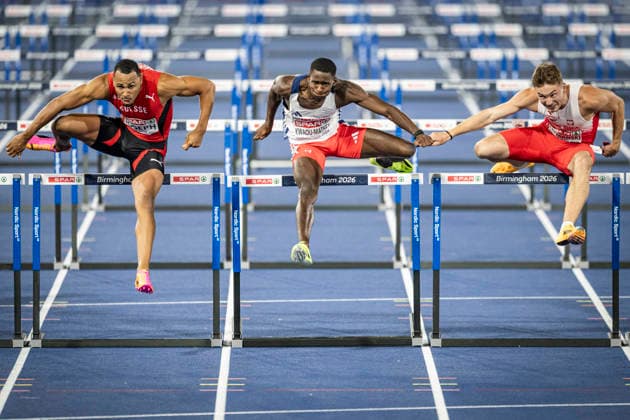 RECORD DATE NOT STATED 12th August 2026; Alexander Stadium, Birmingham, Midlands, England; 2026 European Athletics Championships, Day Three; Jason Joseph (SUI) wins gold in the mens 110m hurdles from Just Kwaou-Mathey (FRA) in second and Jakub Szymanski (POL) in third GodfreyxPitt