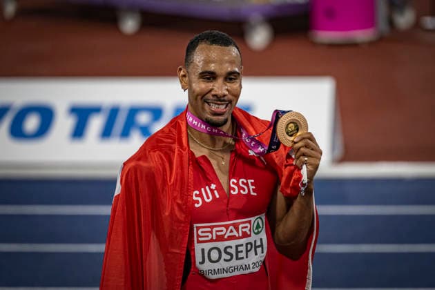 RECORD DATE NOT STATED 12th August 2026; Alexander Stadium, Birmingham, Midlands, England; 2026 European Athletics Championships, Day Three; Jason Joseph (SUI) celebrates winning gold in the mens 110m hurdles GodfreyxPitt