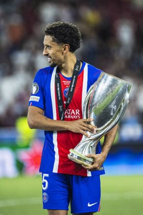 Marquinhos of Paris Saint-Germain with the UEFA Super Cup trophy during the UEFA Super Cup Final match between Paris Saint-Germain and Aston Villa at Red Bull Arena, Salzburg, Wals-Siezenheim on August 12th,2026 (Photo by Joao Bravo Sports Press Photo)  Copyright: xJoaoxBravo SportsxPressxPhotox Sportspressphoto_SPR205223