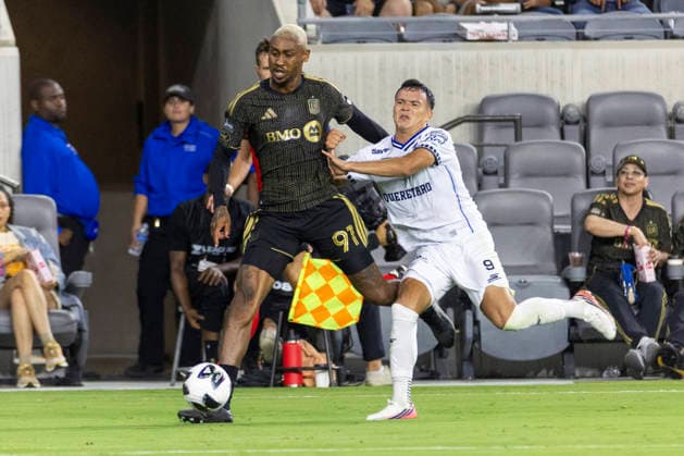 August 12, 2026, Los Angeles, California, USA: Los Angeles FC defender Nkosi Tafari Burgess (91) and Club Quero taro forward AloÂ­ oÂvila (9) vie for the ball during a Leagues Club soccer match on Wednesday, Aug. 12, 2026 in Los Angeles. Leagues Club 2026: LAFC 5: 4 Club Quero Taro  - ZUMAc68_ 20260812_zaf_c68_054 Copyright: xRingoxChiux