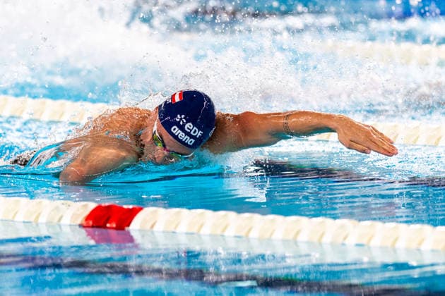 SWIMMING - EAC 2026 PARIS,FRANCE,13.AUG.26 - SWIMMING - European Aquatics Championships Paris 2026, 4x100m freestyle, men. Image shows Lukas Edl (AUT).  GEPAxpictures xPhilippxBrem