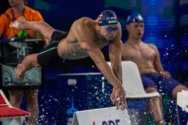 SWIMMING - EAC 2026 PARIS,FRANCE,13.AUG.26 - SWIMMING - European Aquatics Championships Paris 2026, 4x100m freestyle, men. Image shows Heiko Gigler (AUT).  GEPAxpictures xPhilippxBrem