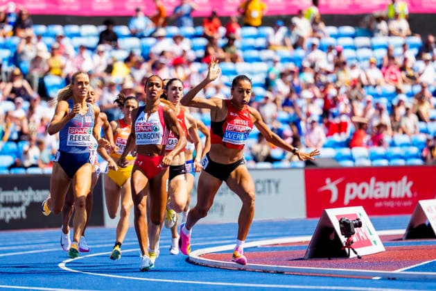 BIRMINGHAM, GREAT BRITAIN - AUGUST 13, 2026 : Audrey WERRO (SUI Switzerland) falls down competing in the 800m semifinals during the European Athletics Championships at Alexander Stadium on August 13, 2026 in Birmingham, Great Britain. Great Britain Copyright: xLeahxKohringx