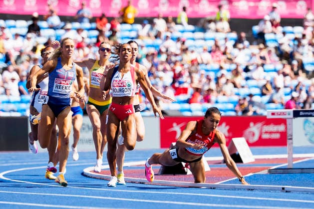 BIRMINGHAM, GREAT BRITAIN - AUGUST 13, 2026 : Audrey WERRO (SUI Switzerland) falls down competing in the 800m semifinals during the European Athletics Championships at Alexander Stadium on August 13, 2026 in Birmingham, Great Britain. Great Britain Copyright: xLeahxKohringx
