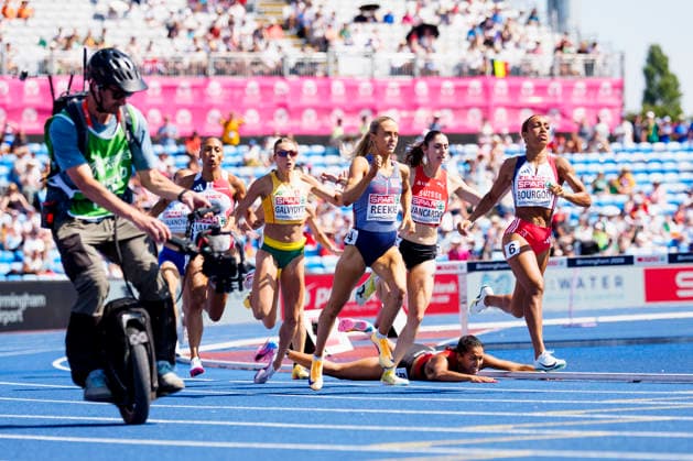 BIRMINGHAM, GREAT BRITAIN - AUGUST 13, 2026 : Audrey WERRO (SUI Switzerland) falls down competing in the 800m semifinals during the European Athletics Championships at Alexander Stadium on August 13, 2026 in Birmingham, Great Britain. Great Britain Copyright: xLeahxKohringx