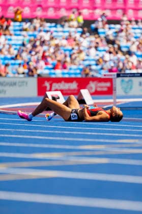 BIRMINGHAM, GREAT BRITAIN - AUGUST 13, 2026 : Audrey WERRO (SUI Switzerland) falls down competing in the 800m semifinals during the European Athletics Championships at Alexander Stadium on August 13, 2026 in Birmingham, Great Britain. Great Britain Copyright: xLeahxKohringx