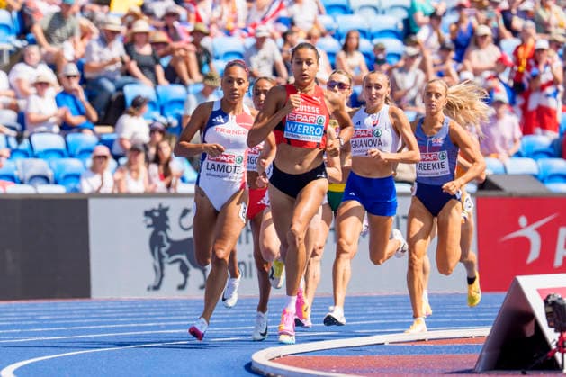 BIRMINGHAM, GREAT BRITAIN - AUGUST 13, 2026 : Audrey WERRO (SUI Switzerland) falls down competing in the 800m semifinals during the European Athletics Championships at Alexander Stadium on August 13, 2026 in Birmingham, Great Britain. Great Britain Copyright: xLeahxKohringx